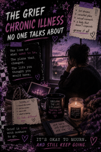 Dark purple and black grunge-style chronic illness graphic featuring a person sitting alone beside a rain-covered window, surrounded by distressed textures, handwritten notes, and emotional collage elements. The design symbolizes grief, isolation, loss, and the emotional impact of chronic illness and chronic pain.