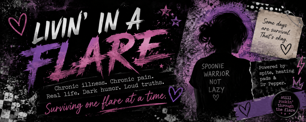 Grunge-style purple and black banner for the chronic illness blog Livin’ in a Flare, featuring distressed rock-inspired typography, paint splatters, stars, hearts, and textured collage elements. The design has a bold alternative aesthetic with dark humor and chronic illness themes, using neon pink and purple accents against a dark background.