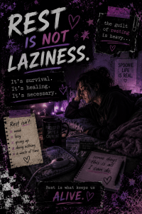 Dark purple and black grunge-style empowerment graphic featuring bold handwritten typography with phrases like “not lazy,” “not failing,” and “not alone.” The collage-style design includes stars, distressed textures, emotional chronic illness themes, and a silhouetted figure looking toward a glowing sunset, symbolizing resilience, survival, and hope while living with chronic illness.
