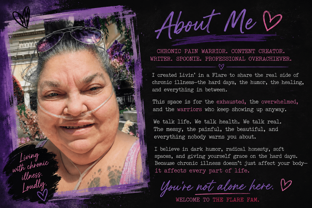 A stylized “About Me” graphic for the chronic illness blog Livin’ in a Flare, featuring a smiling woman with an oxygen cannula framed by purple grunge textures and handwritten-style typography. The design includes empowering text about chronic illness, chronic pain, humor, healing, and community, set against a dark black-and-purple background with pink accents and heart doodles.