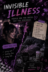Moody purple and black chronic illness collage graphic featuring a smiling woman contrasted against dark exhaustion imagery with handwritten notes about invisible illness, pain, flare-ups, fatigue, and survival. The design symbolizes the hidden emotional and physical struggles behind chronic illness.