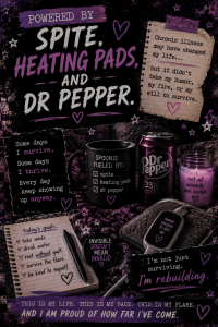 Purple and black grunge-style chronic illness survival collage featuring mugs, heating pads, Dr Pepper imagery, handwritten notes, stars, and empowering spoonie-themed typography about survival, resilience, rebuilding life, and invisible illness awareness.