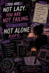 Purple and black grunge-style chronic illness collage graphic featuring empowering handwritten phrases, dark humor elements, distressed textures, stars, hearts, and mixed-media scrapbook aesthetics. The design represents resilience, chronic pain survival, emotional healing, and spoonie humor with messages about rebuilding life while living with chronic illness.
