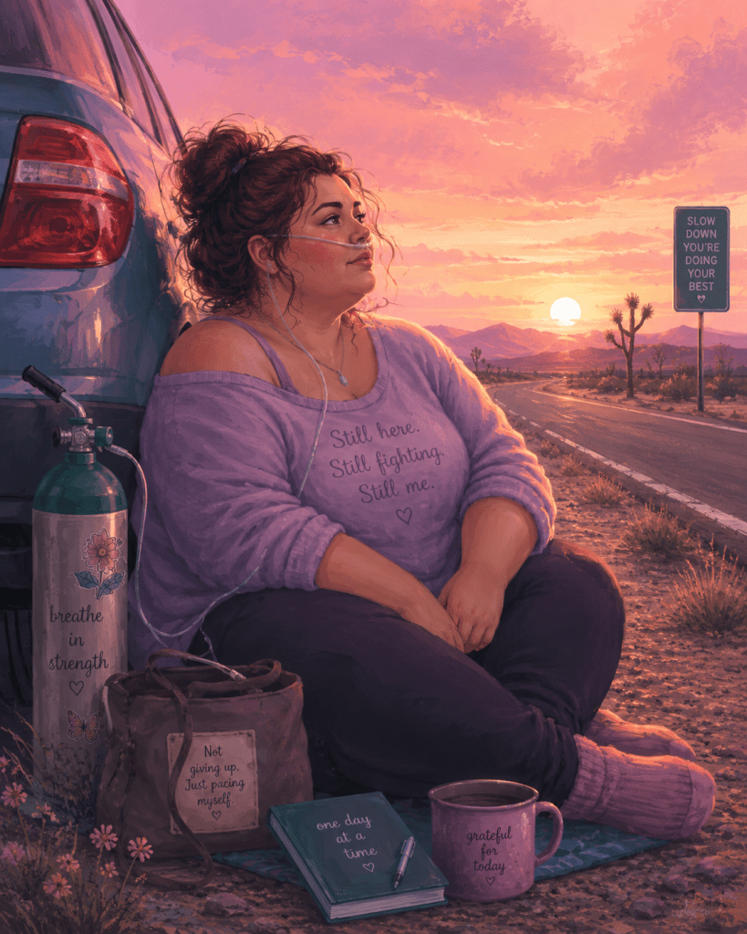 A plus-sized woman wearing oxygen tubing sits beside a parked car on a desert highway at sunset, surrounded by soft pink, mauve, and teal tones, looking hopeful and reflective.